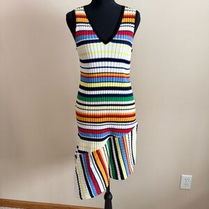 Milly Striped Knit Dress Asymmetrical Hem V Neck Multicolor Size L